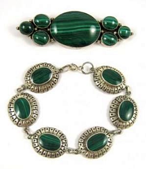 MALACHITE AND SILVER JEWELRY with maker's mark and hallmark